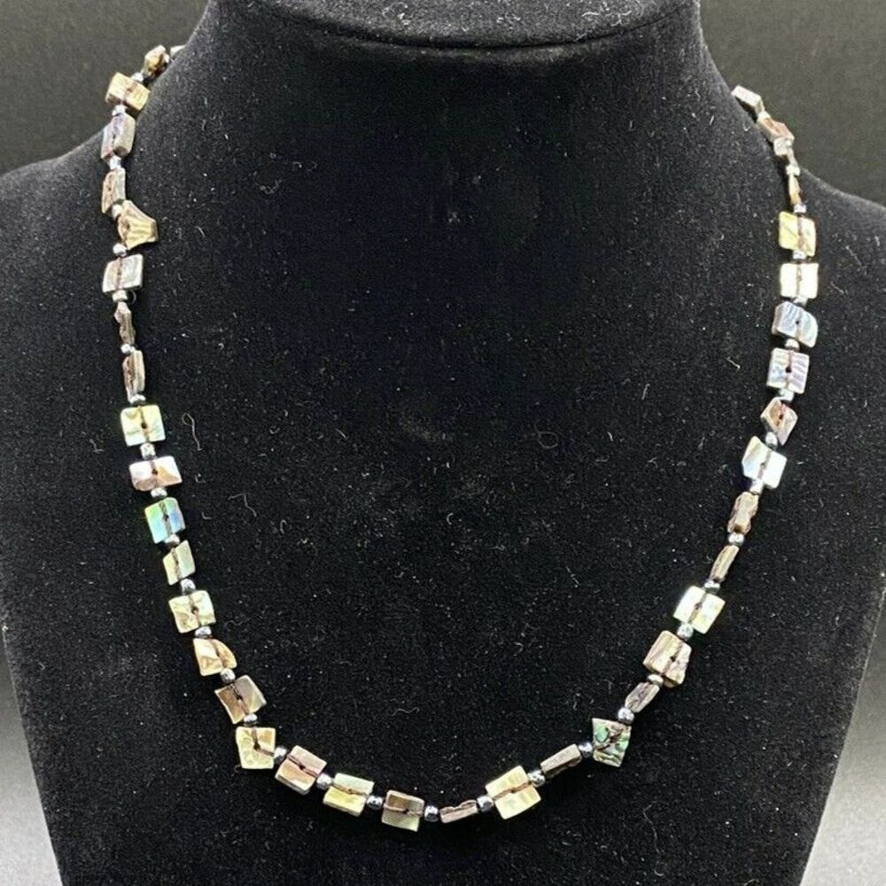 Abalone Shell Chip Necklace Hematite Beads Iridescent Boho Natural Stone Jewelry